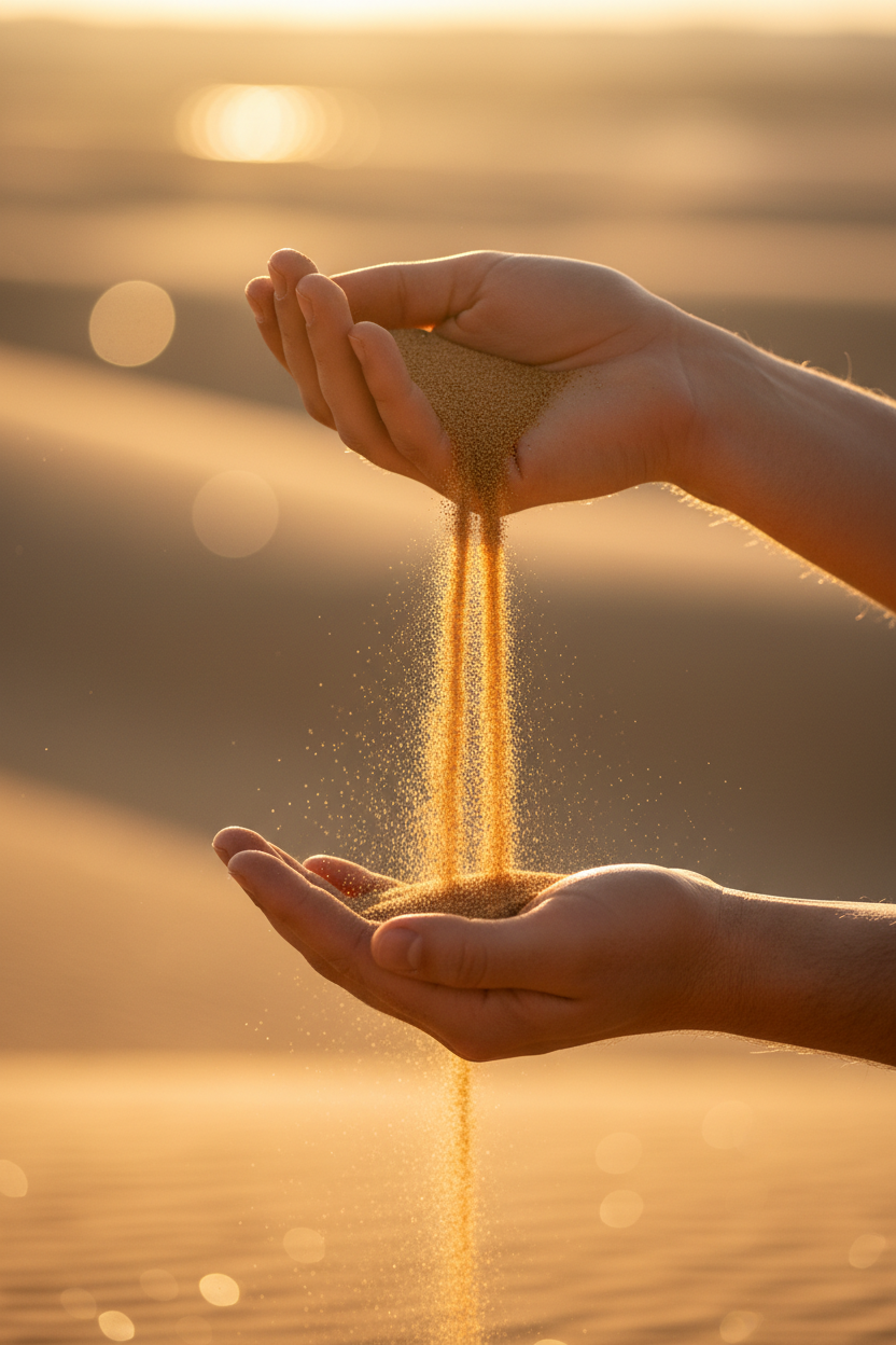 Sand flowing between two hands like an hourglass